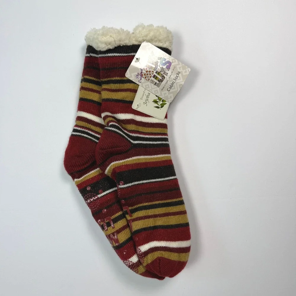 Muk Luks Cozy Cabin Women Slipper Socks Red Striped Faux Shearling Lining L/XL